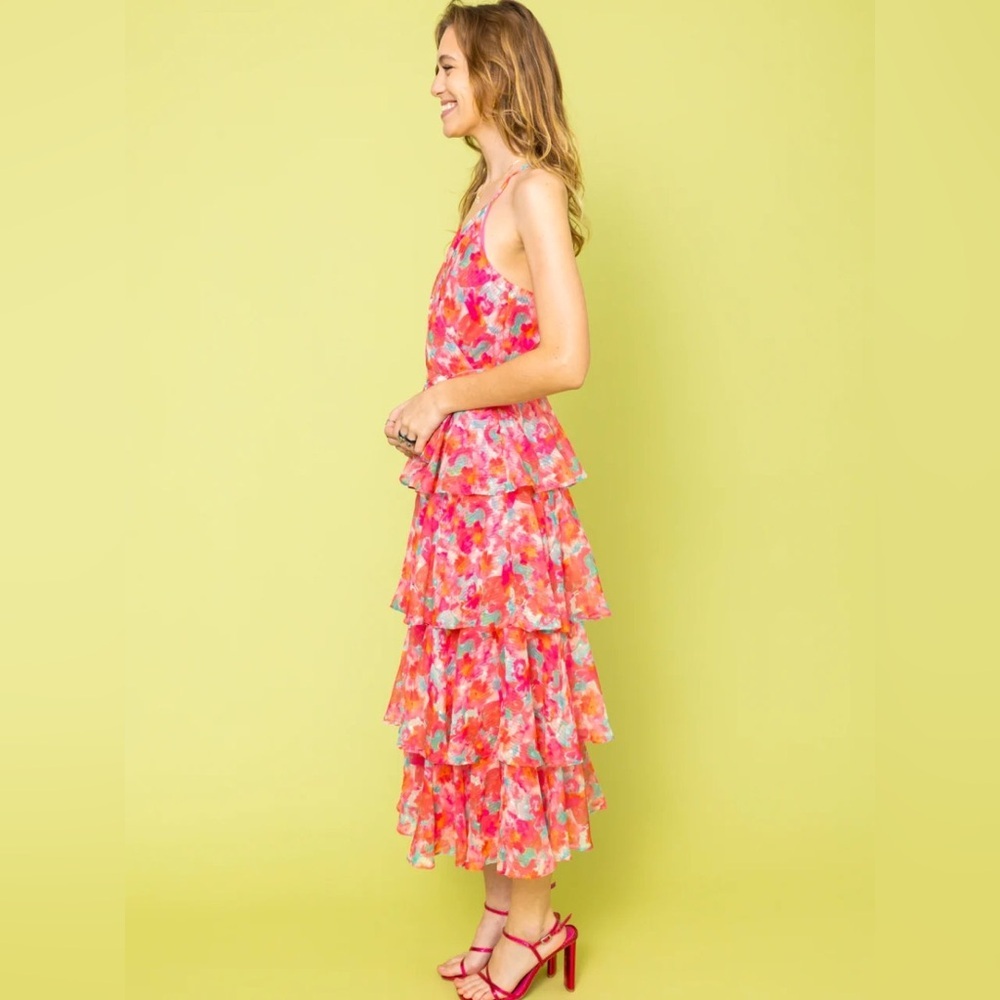 Adelyn Rae Brianna Pink Multi‑Color Floral Tiered Maxi Dress Ruffles Strappy Med - Picture 2 of 11
